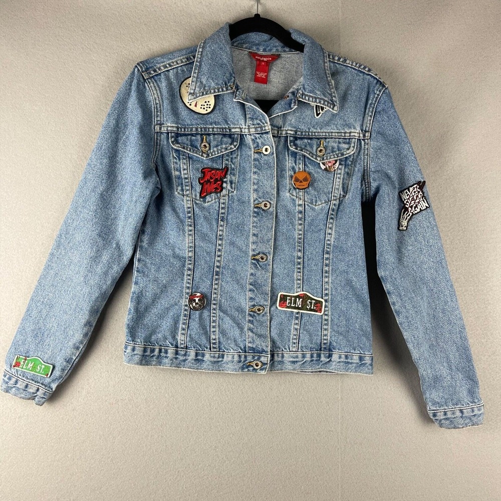 Vintage Sundance Denim Jacket Women Small Freddy Jason Patch Halloween Upcycle